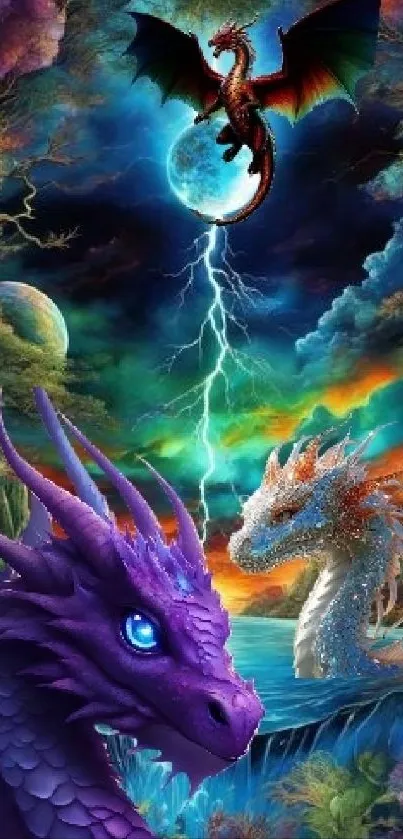 Vibrant fantasy landscape with dragons.