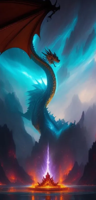 Fantasy wallpaper with vibrant dragon soaring over a fiery landscape.