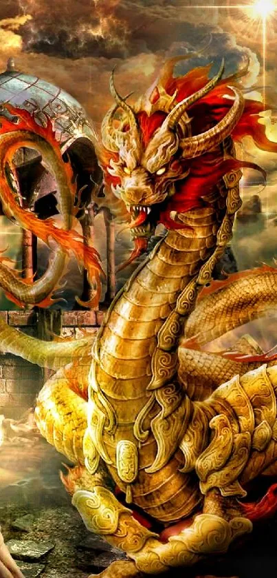 Vibrant, fiery dragon in a fantasy setting with golden scales.