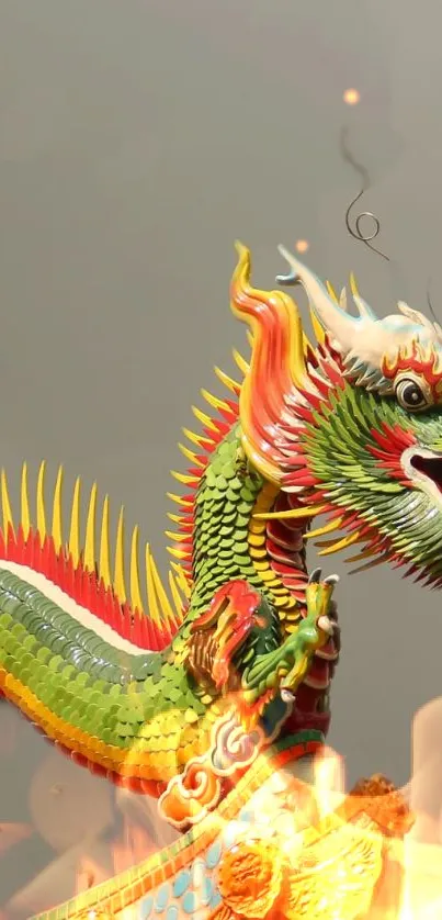 Vibrant dragon figurine with flames and detailed colors.