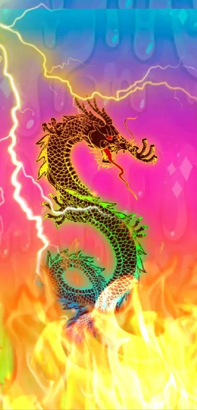 Vibrant dragon with fire and lightning in colorful background.