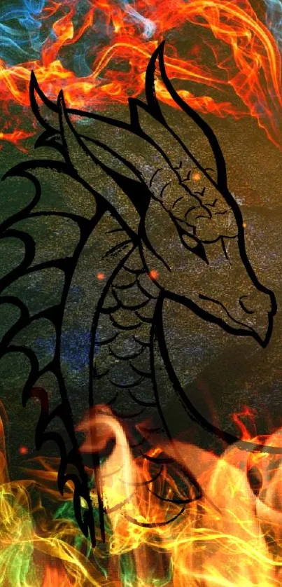 Black dragon outline over vibrant, fiery background in orange tones.