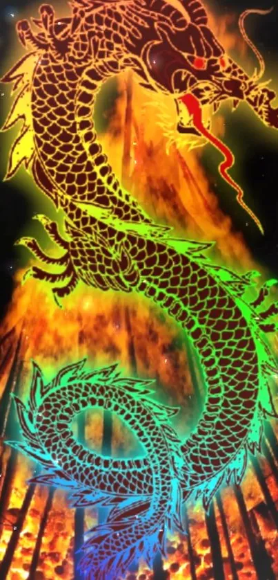 Vibrant dragon with fiery flames in a dynamic phone wallpaper design.