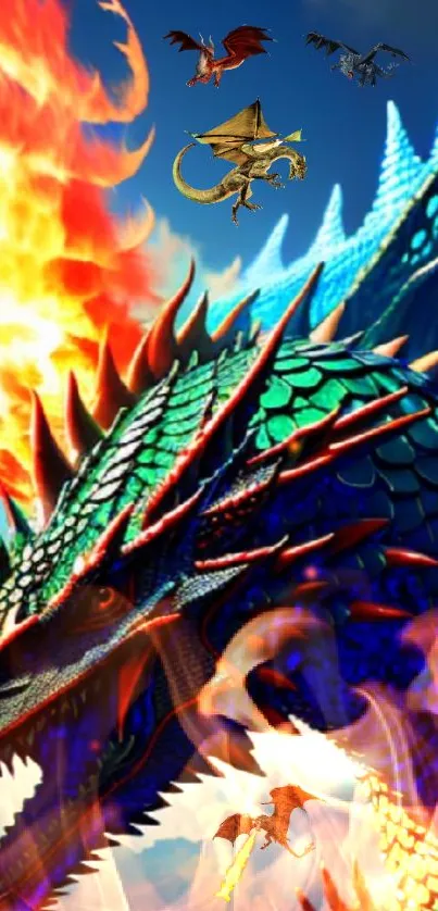 Vibrant dragon with fiery flames and colorful scales on mobile wallpaper.