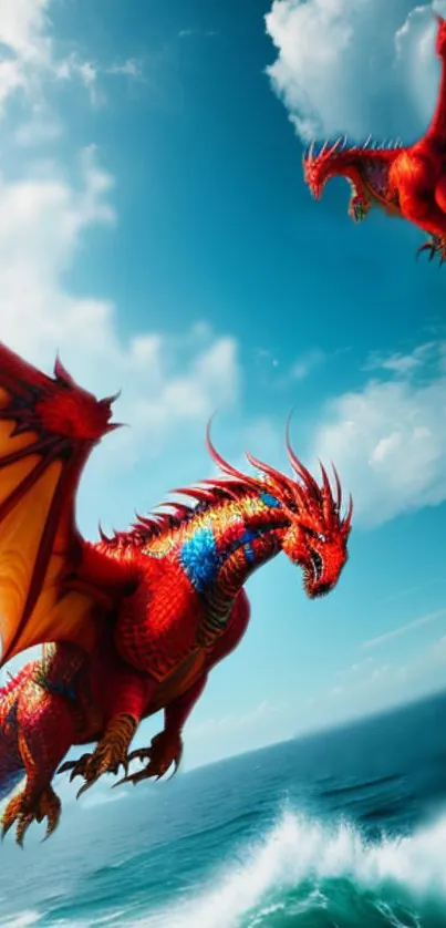 Vibrant red dragons flying in a bright blue sky.