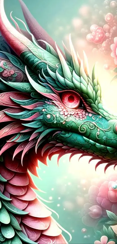 Detailed dragon and floral fantasy art with vibrant turquoise hues.