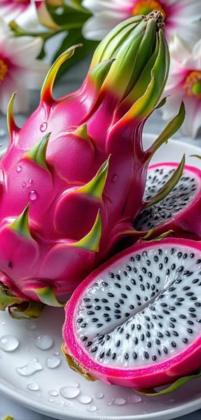 Vibrant dragon fruit on a plate with flowers.