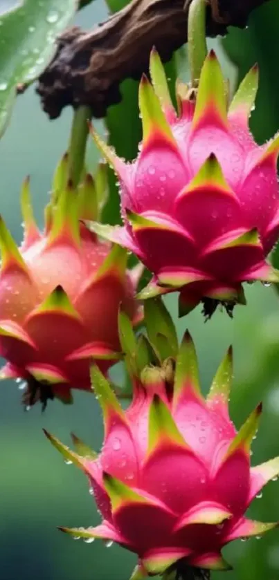 Close-up of vibrant dragon fruit hanging on a tree branch.