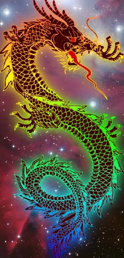 Colorful dragon in galaxy wallpaper with vibrant cosmic background.