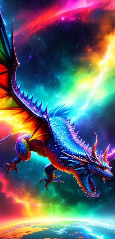 Colorful dragon flying through a vibrant galaxy scene.