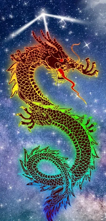 Vibrant dragon in a starry galaxy night scene with colorful scales.
