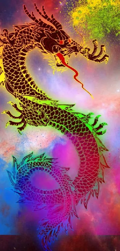 Colorful dragon set against a vibrant galaxy background for phones.