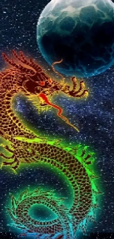 Colorful dragon in a starry galaxy background with a blue Earth.