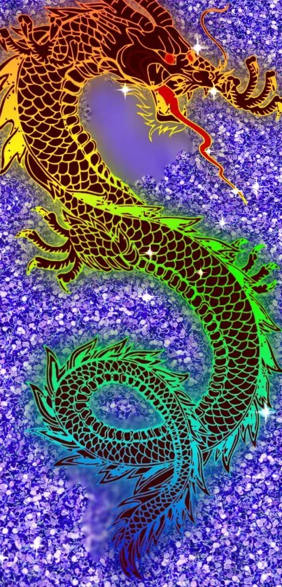 Vibrant dragon with glittery purple background on mobile wallpaper.