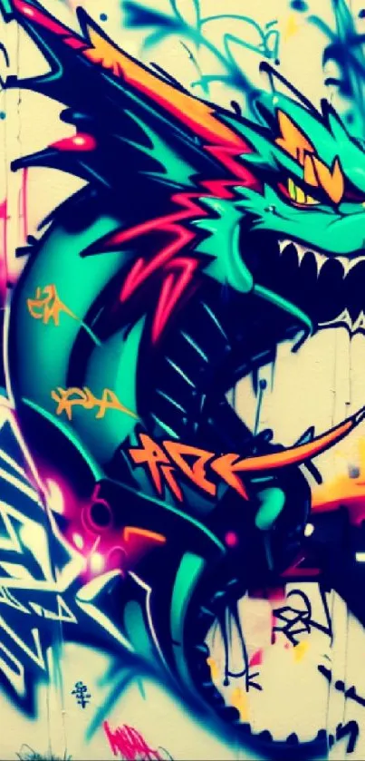 Vibrant dragon graffiti art wallpaper with bold colors and street style.