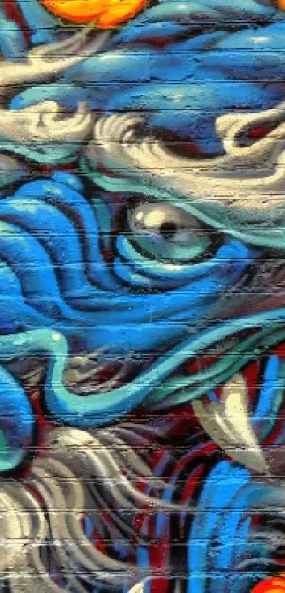 Vibrant graffiti dragon artwork in blue and bright colors.