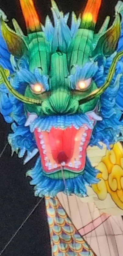 Vibrant dragon head with glowing eyes and colorful scales.