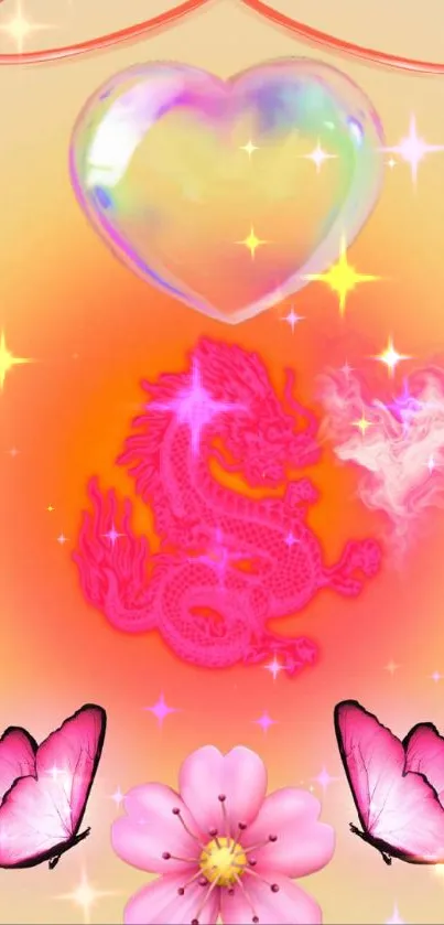 Pink dragon with heart and butterflies in vibrant mobile wallpaper.