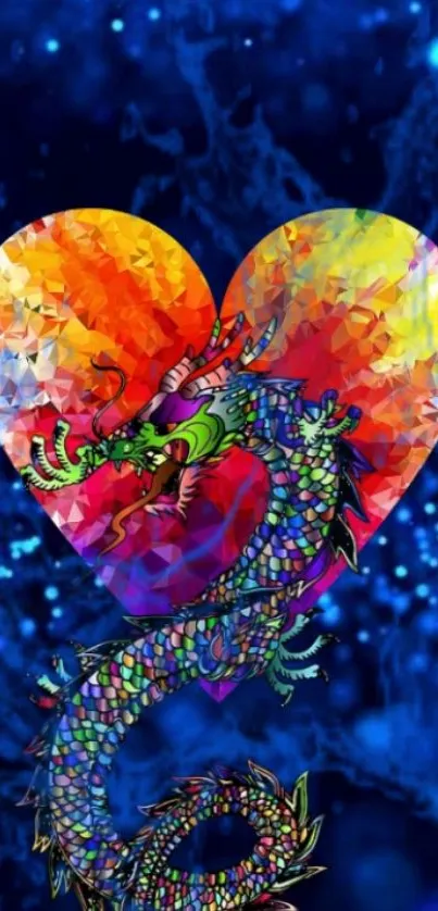 Vibrant colorful dragon with heart on blue abstract background.