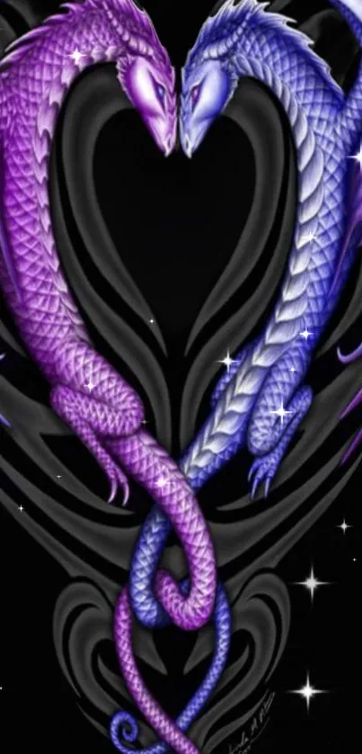 Intertwined purple and blue dragons forming a heart on a black background.