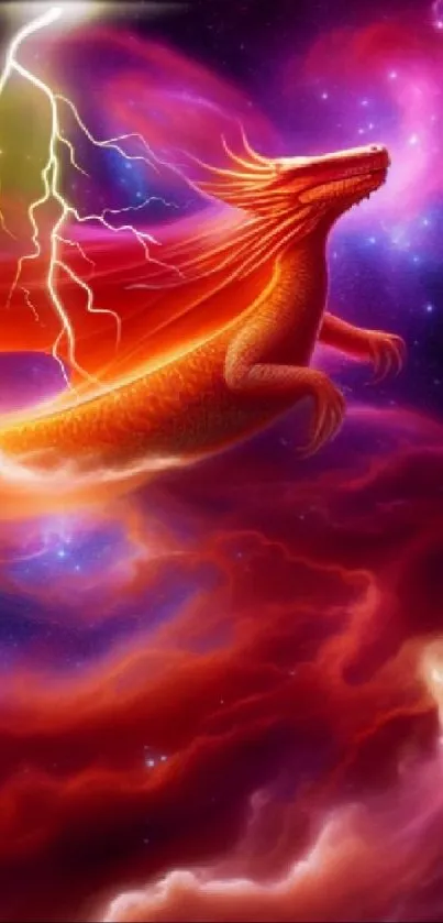 Majestic dragon flying through vibrant cosmic clouds and lightning.