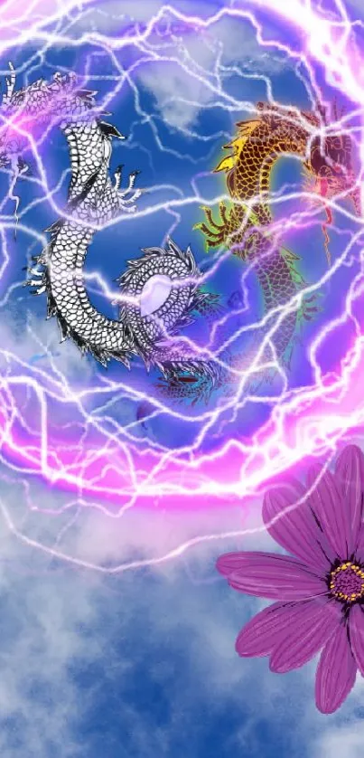 Powerful dragon with lightning in a cloudy sky, accented with a pink flower.