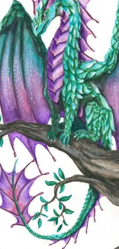 Vibrant dragon perched on tree with purple wings, fantasy art.