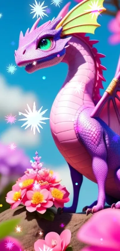 Purple dragon among pink flowers with vivid colors.