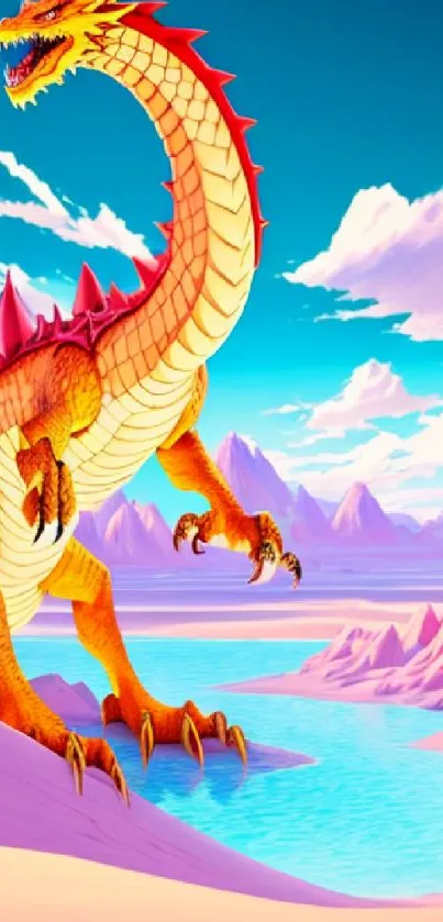 Fiery orange dragon in a vibrant, colorful landscape with mountains and a lake.