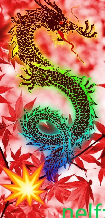 Colorful dragon over red leaves wallpaper.