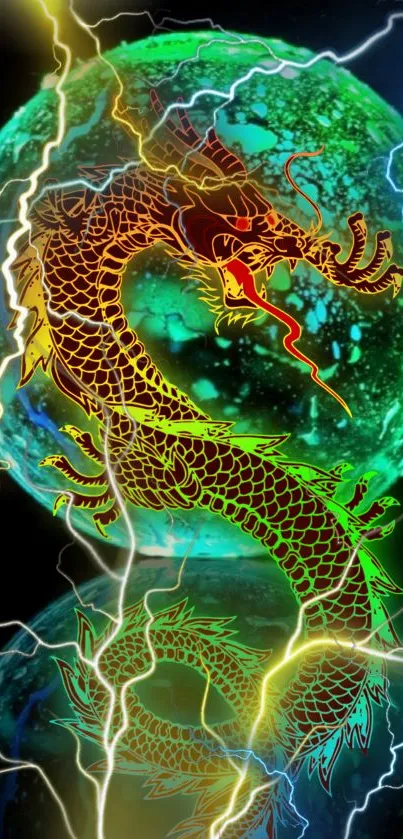 Dragon intertwined with vibrant lightning and a colorful orb.