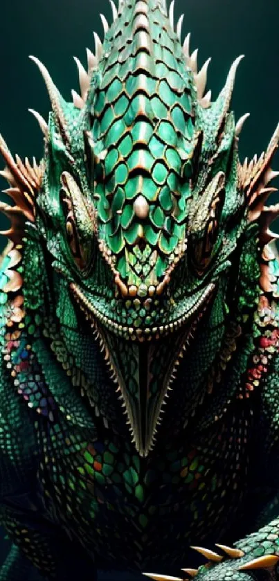 Intricate dragon lizard with vibrant scales and spikes, teal green dominant color.