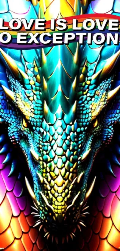 Vibrant dragon-themed wallpaper with pride message, featuring colorful scales.
