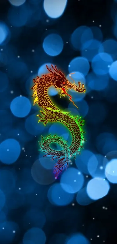 Vivid rainbow dragon on blue bokeh background.