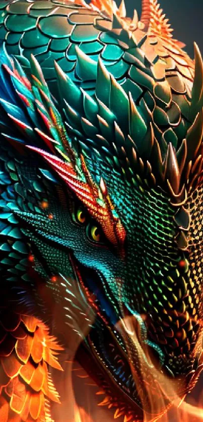 Colorful dragon with fiery details on a mobile wallpaper.