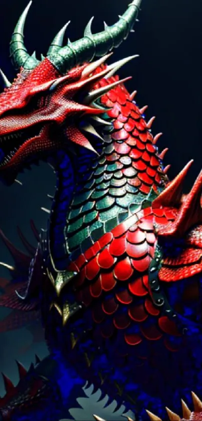 A vibrant dragon with red and green scales in a dynamic mobile wallpaper design.