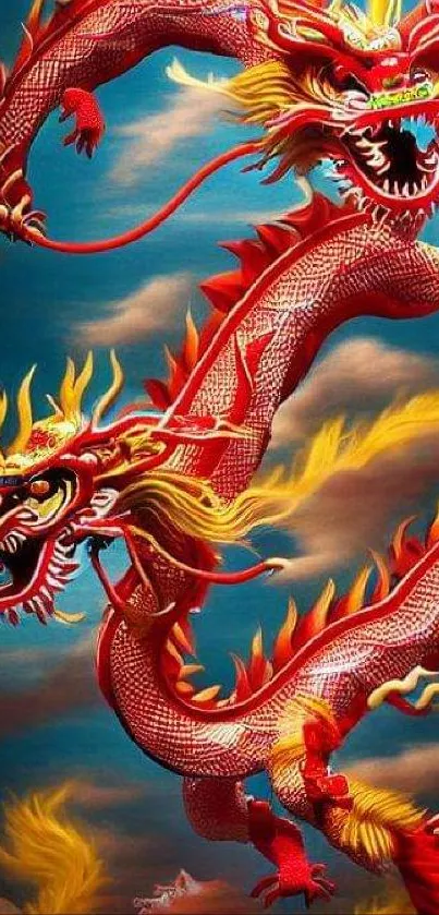 Vibrant red dragon illustration on a mystical background.