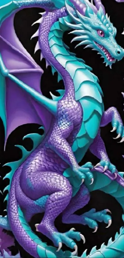 Vibrant dragon with turquoise and purple scales on a dark background.