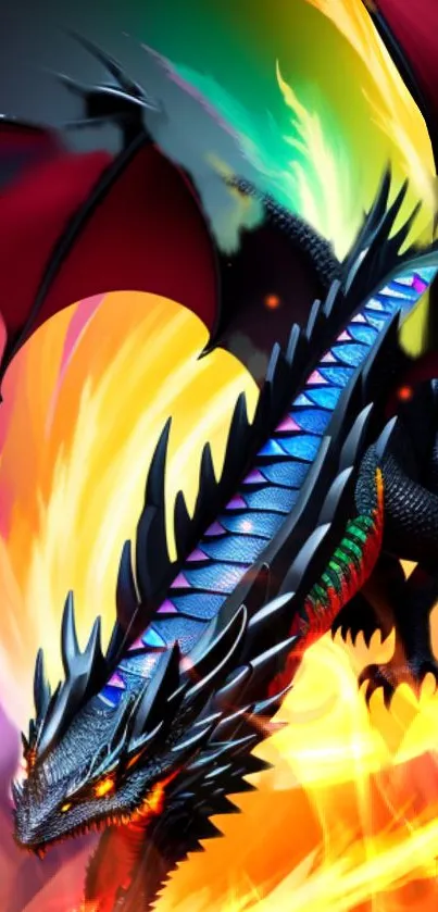 Vibrant dragon with colorful flames on mobile wallpaper.