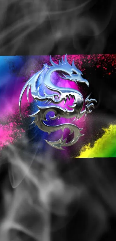 Colorful and dynamic dragon design with metallic elements on a vibrant background.