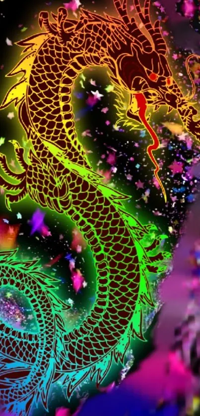 Vibrant dragon artwork with colorful cosmic stars on a black background.