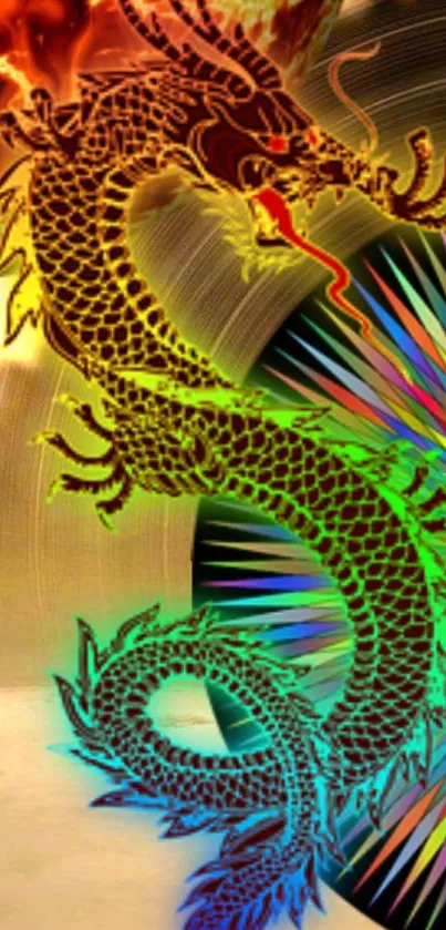 Vibrant dragon with rainbow colors in dynamic design.