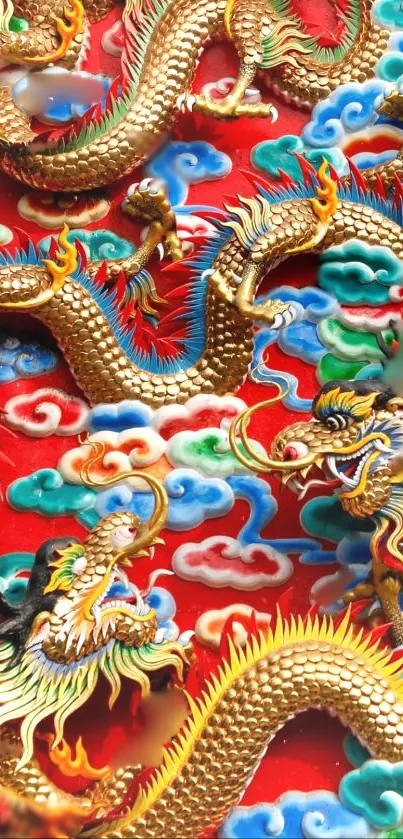 Vibrant golden dragons and clouds on a red background wallpaper.