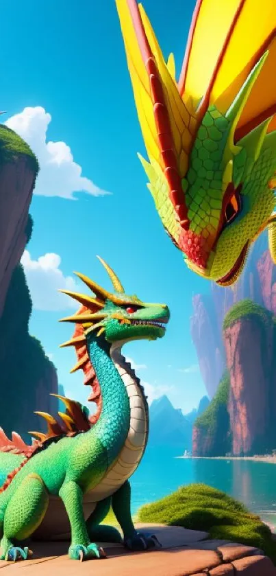 Colorful dragons in a scenic mountain landscape.