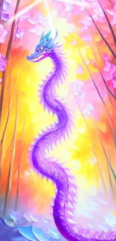 Vibrant purple dragon in a colorful mystical forest.