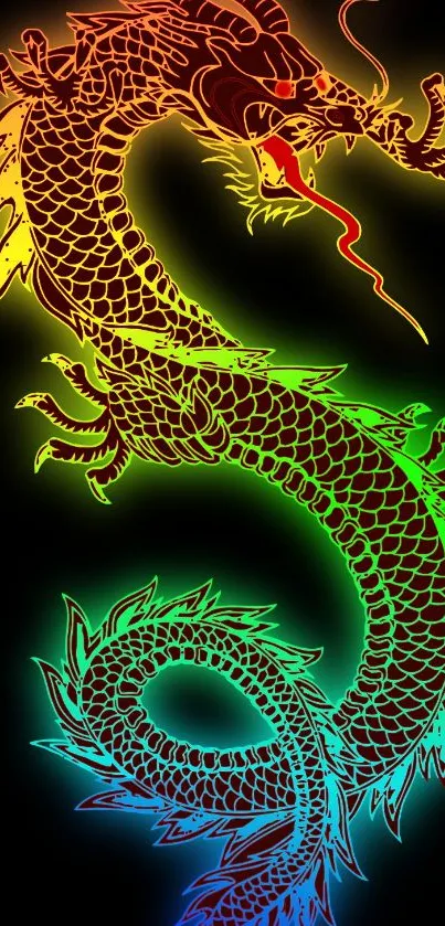 Vibrant neon dragon illustration on black background.