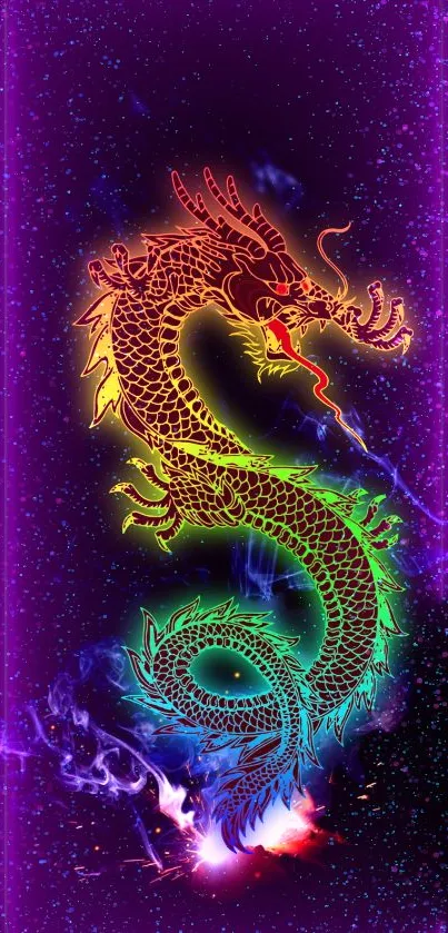 Vibrant neon dragon with a cosmic background in purple hues.