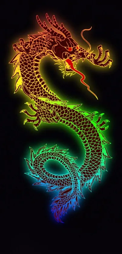 Vibrant neon dragon on a dark background with rainbow colors glowing.