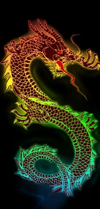 Neon dragon glowing on black background wallpaper.