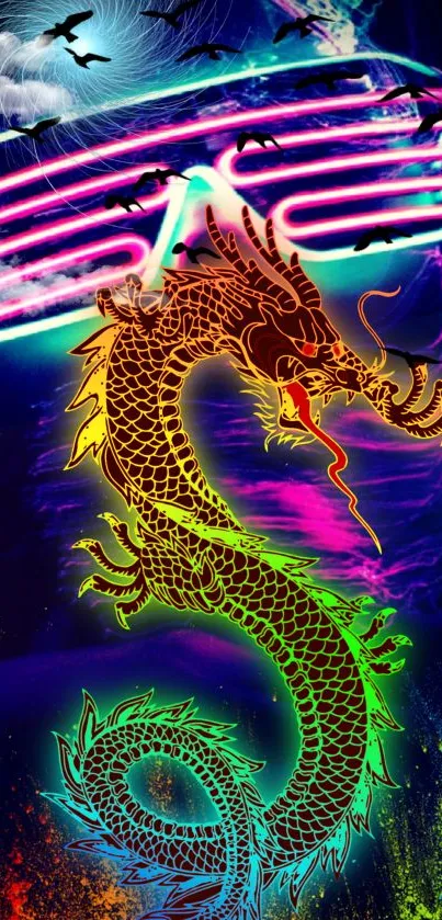 Vibrant neon dragon wallpaper with colorful design.